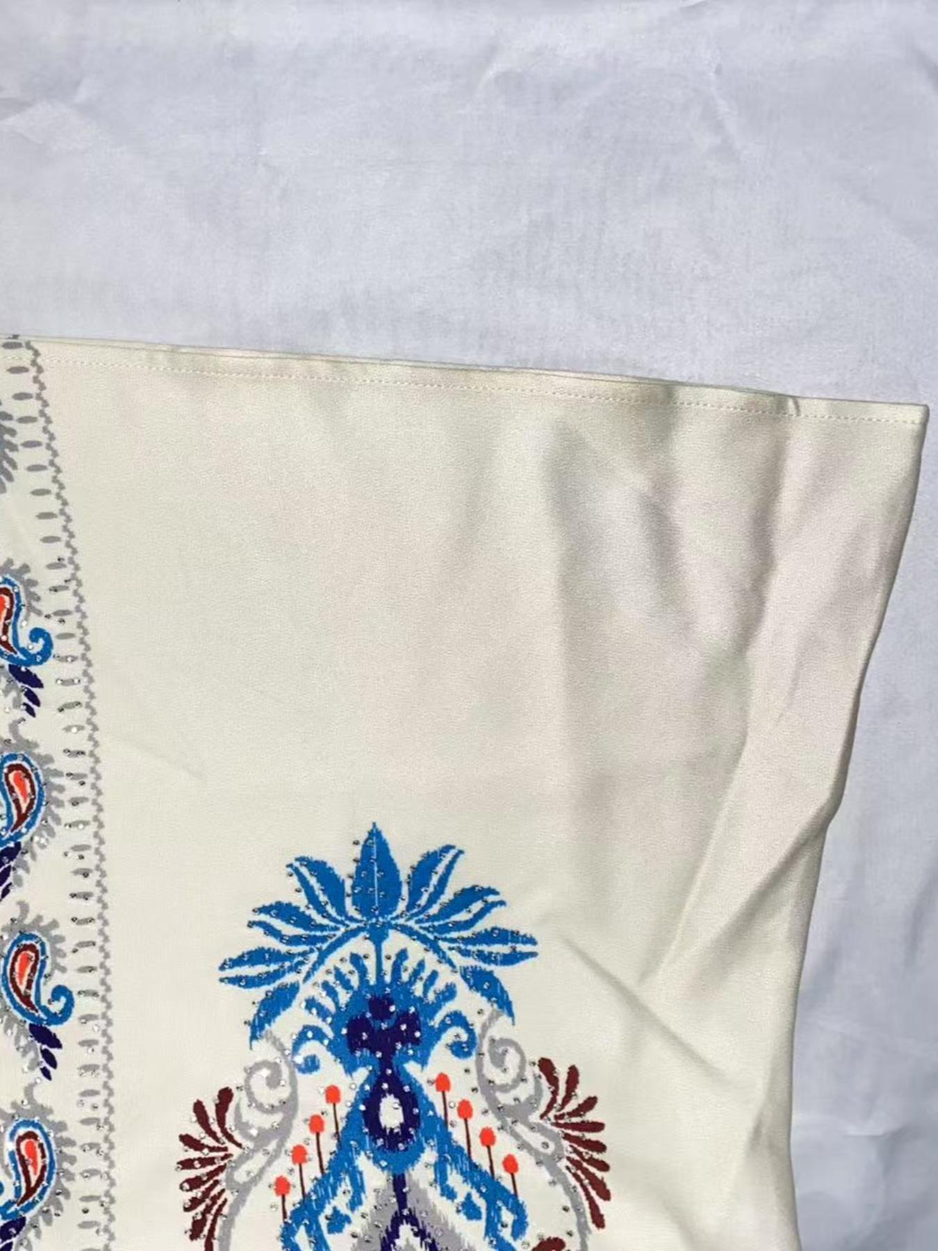 Middle Eastern Women's Embellished Pearl Round Neck Floral Printed Luxurious Elegant Jalabiya Dress, Loose-Fitting All Seasons Fashion