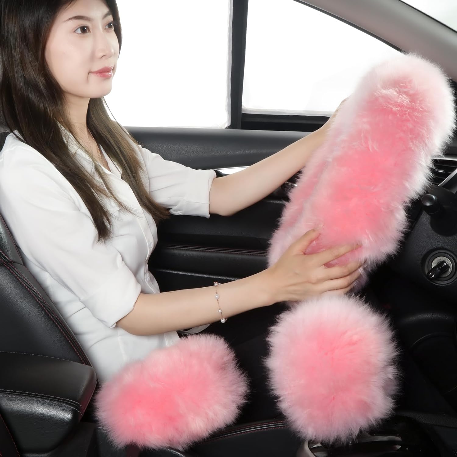 Fuzzy Genuine Sheepskin Steering Wheel Cover Set for Women Parents-uffy Soft Australian Merino   Wrap with Gear Shift and Hand  Covers, Cozy Stylish Luxury Girl  Accessories ()