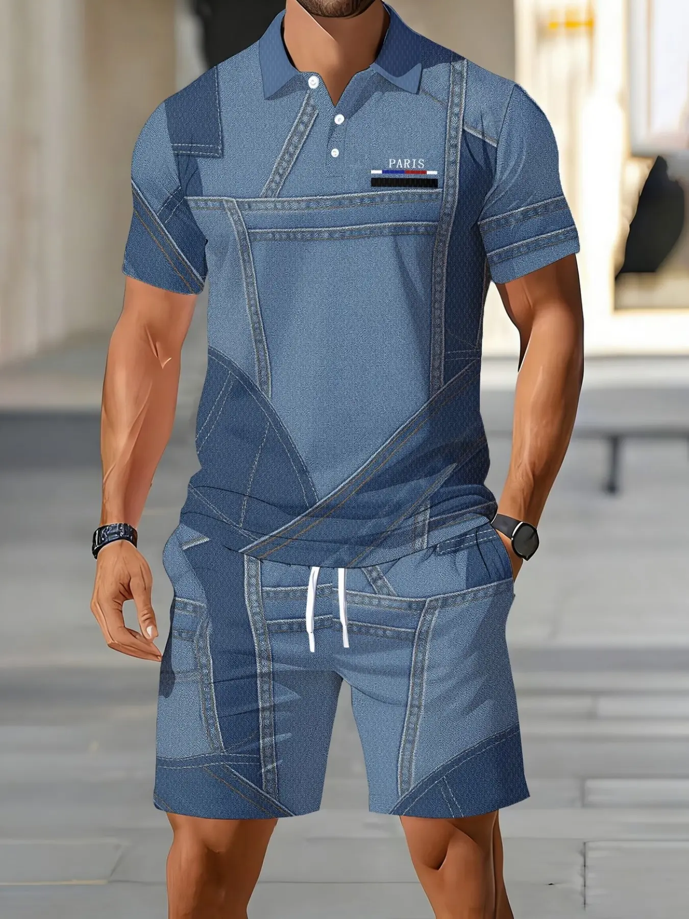 Digital Print Polo Shirt and Shorts Set, Summer Casual Fashion Streetwear, Two-Piece, Short Sleeve, Knee-Length, All Seasons