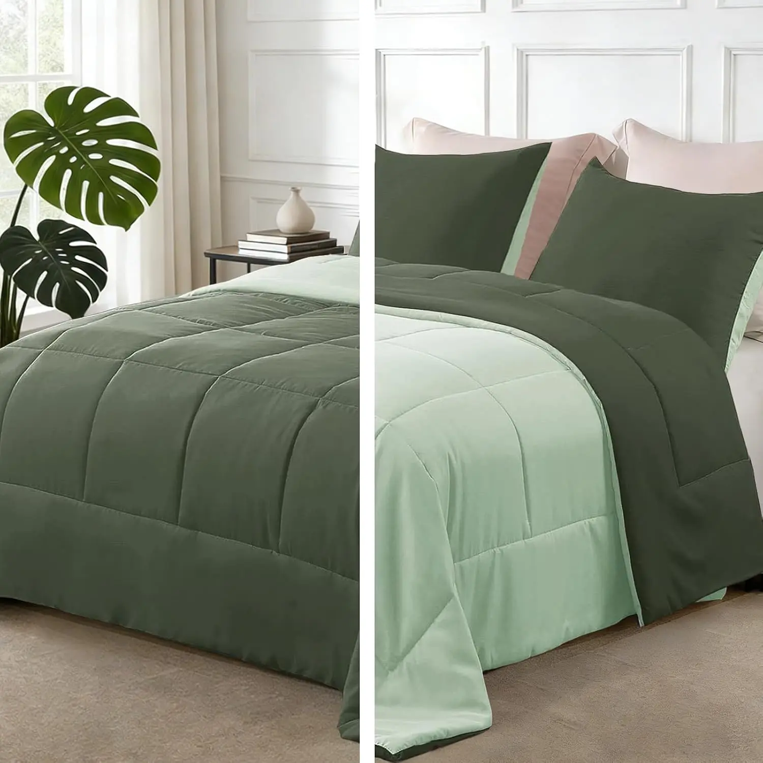 Reversible Soft Queen Comforter Set, 3 Pieces |   Emerald/ Mint Lightweight Microfiber Down Alternative Comforters, All-Season Bedding with 2 Pillow Shams