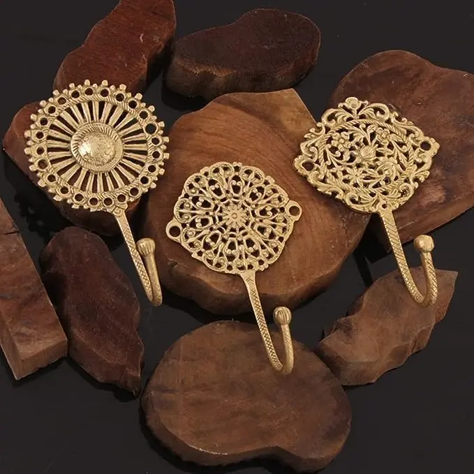 Set of 3 Solid Brass Boho Wall Hooks for Coats and Keys