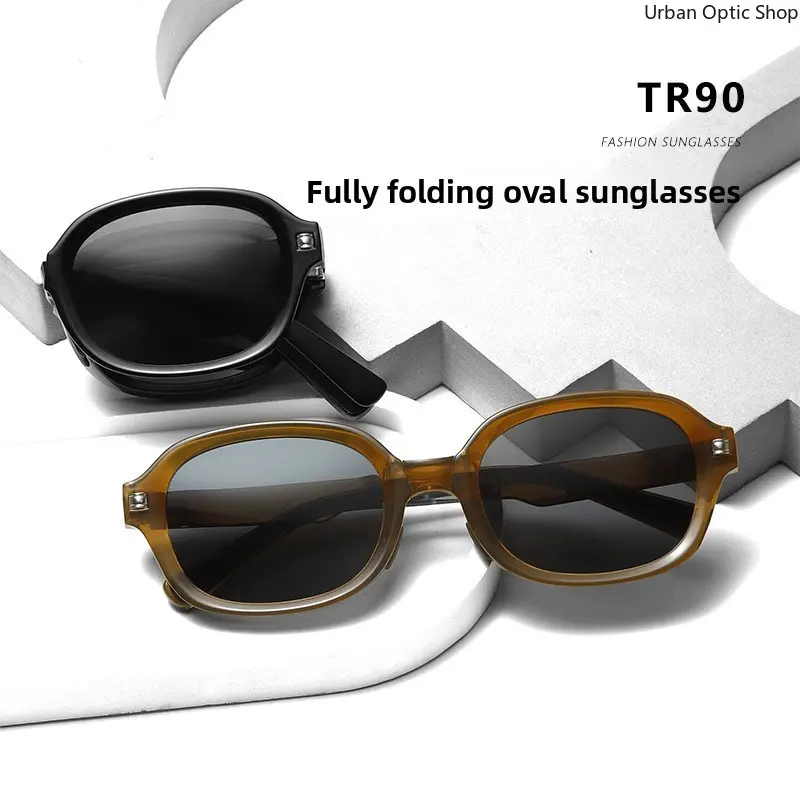 XUH Oval Lens Foldable Sunglasses - Lightweight TR90 Nylon Frame Retro Compact Eyewear for Travel, Daily Wear, Fashion Sunglasses
