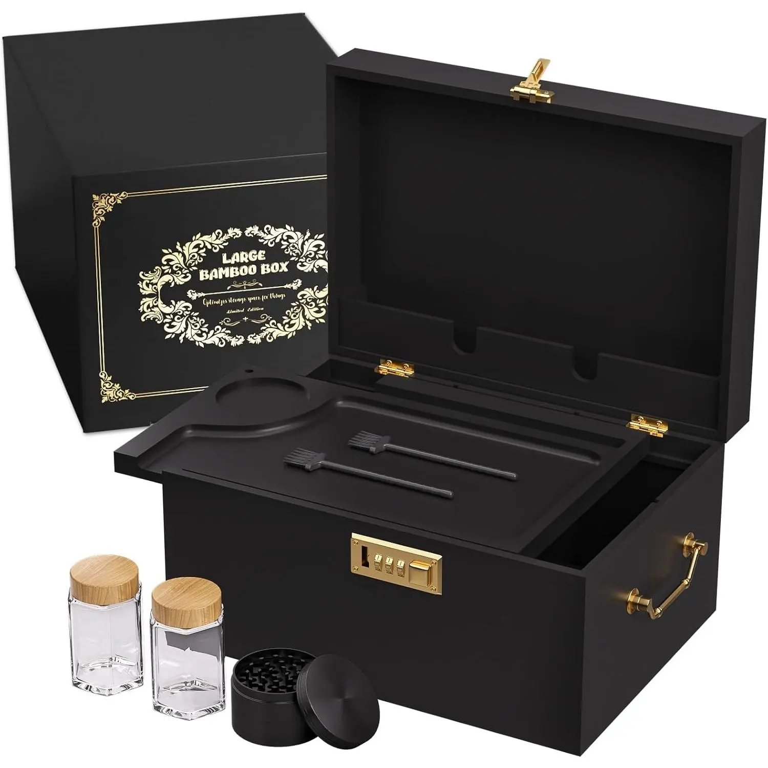Large Black Bamboo Storage Box with Combination Lock and Tray