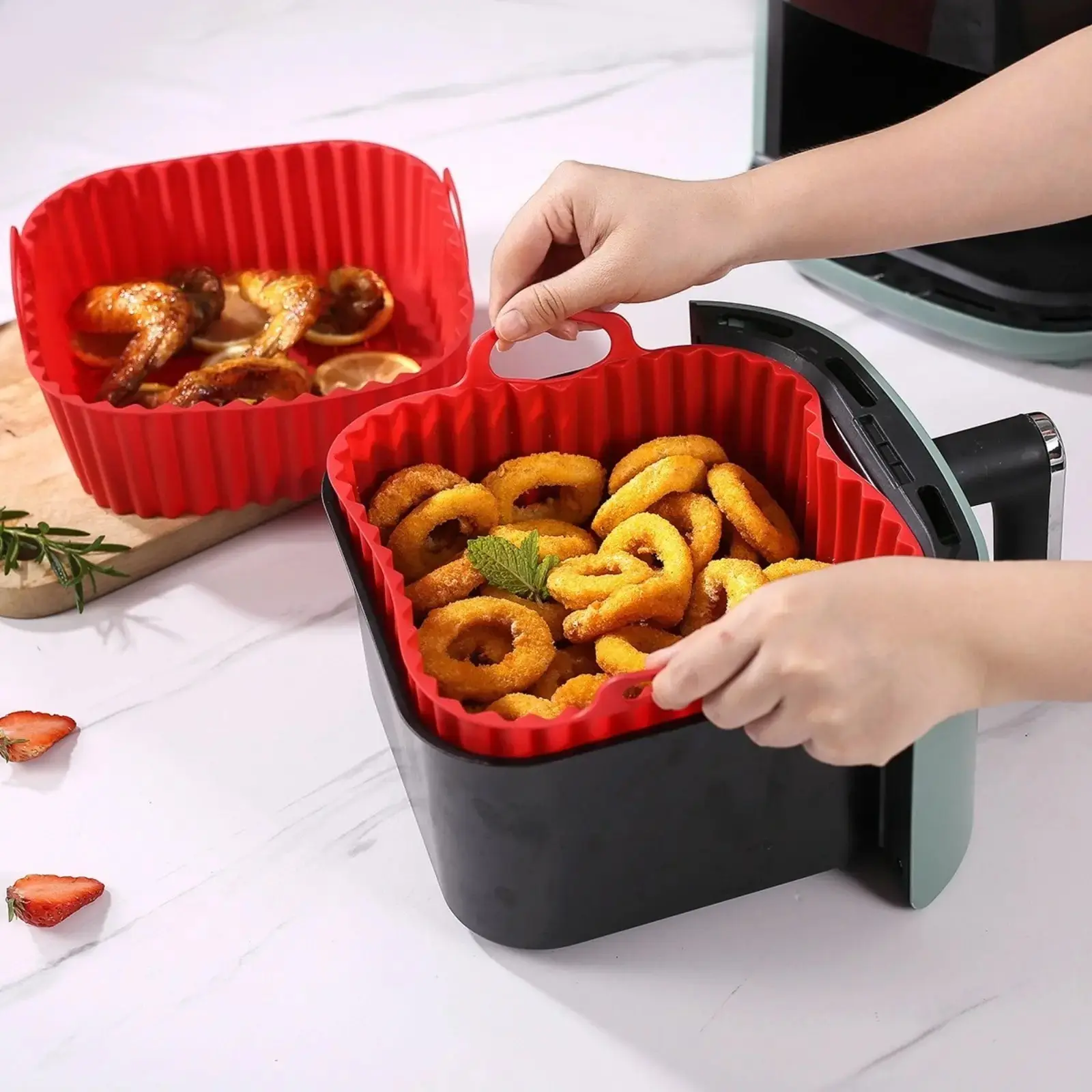 2 Pack Square Reusable Silicone Air Fryer Liners, BPA-Free Food Grade Non-Stick Mats, Heat Resistant Dishwasher Safe Inserts for 3-5 QT Air Fryer Kitchen Baking