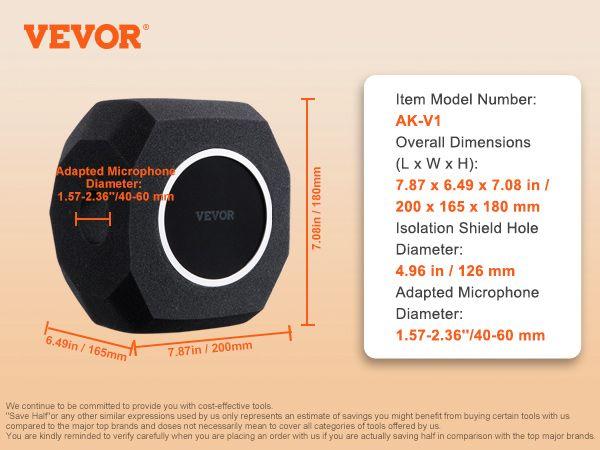 VEVOR Microphone Isolation Ball, High-Density Acoustic Foam, Windscreen Isolation Shield with Dual-Layered Pop Filter, for φ1.57 to 2.36 in Microphones Vocal Isolation Booth Noise Reflection Reduction