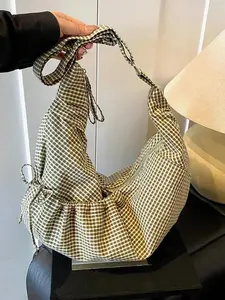 Minimally fresh plaid drawstring pleated underarm shoulder bag with adjustable shoulder strap design, a versatile crossbody bag with artistic style and casual relaxation, suitable for daily commuting, suburban picnics