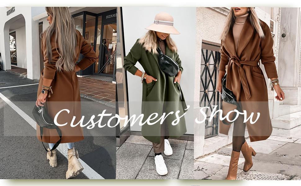 FMEYOA Womens 2025 Notched Lapel Collar Coats Open Front Long Jackets Overcoat with Belt