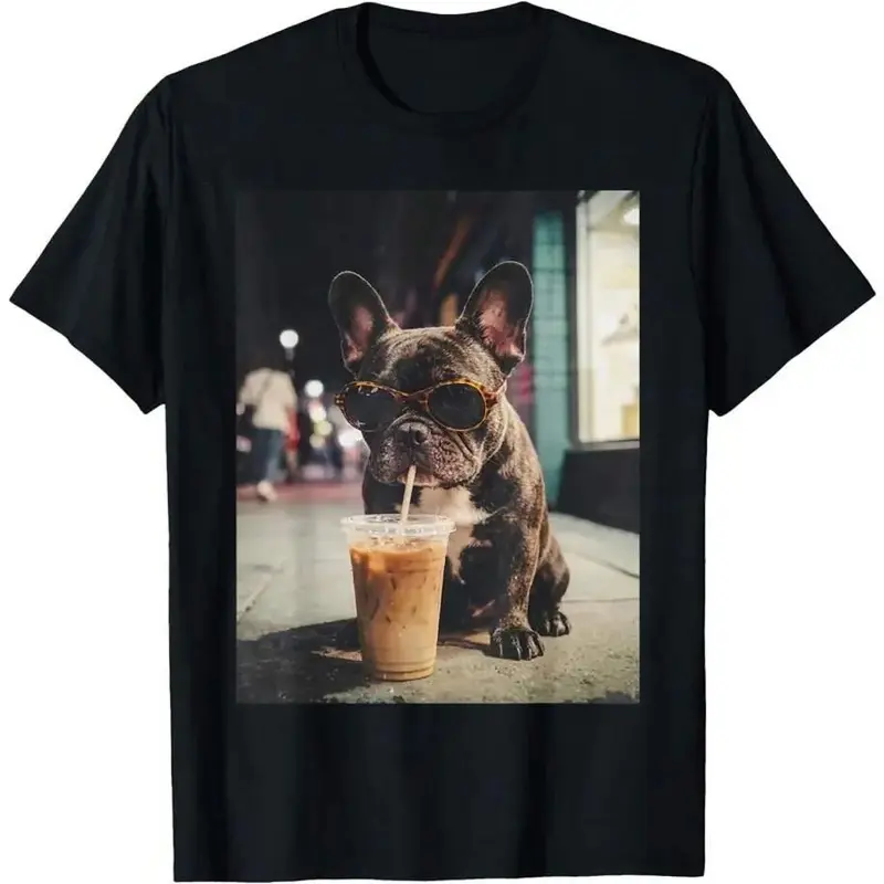 French Bulldog Iced Coffee Print Short-Sleeve Sports Top - Classic Basic Straight-Cut Customized Outfit for Funny Animal Pet Lovers