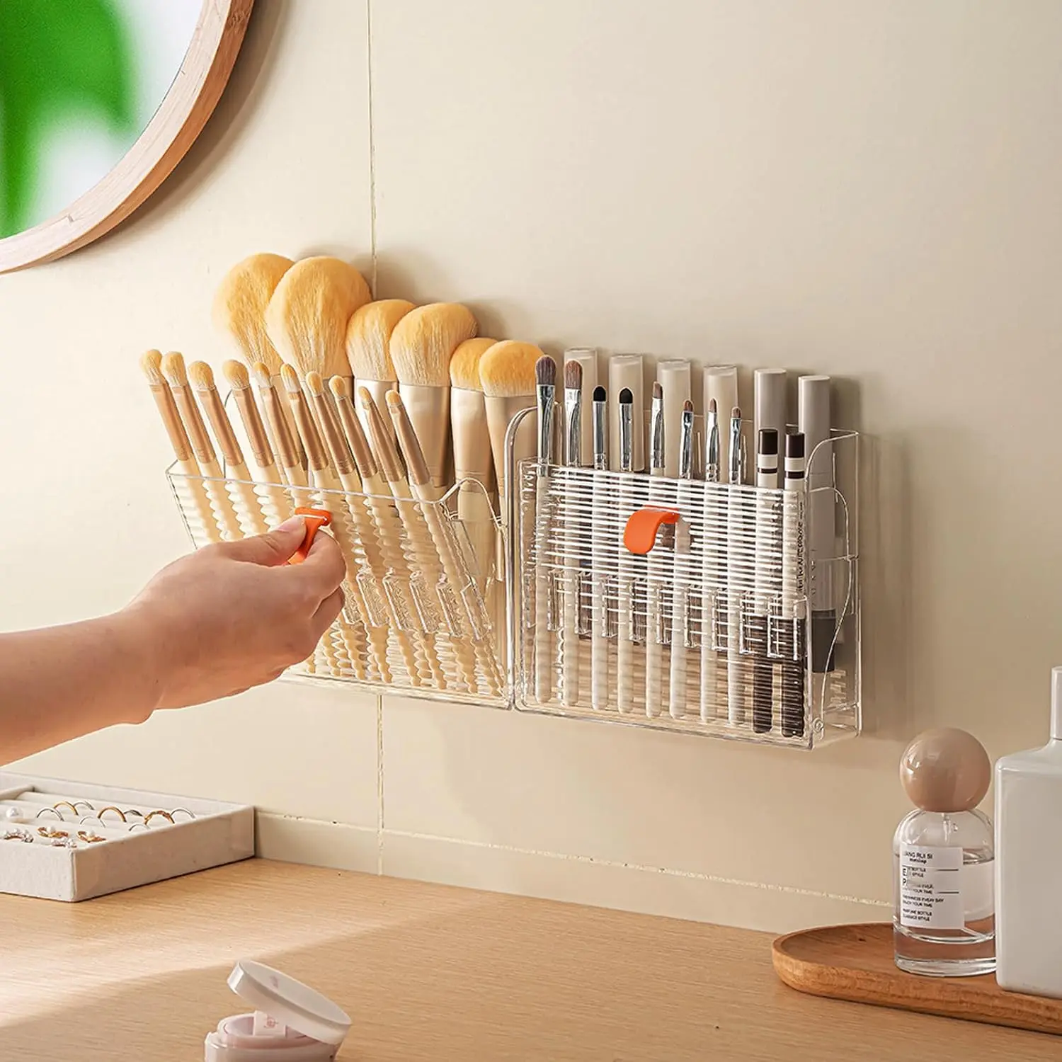 Wall-Mounted Makeup Eyeliner Lip Liner Organizer Holder, 16-Slot Cabinet Storage for Brush, Makeup Pencils, Concealer Pencil Display Case for  Bathroom, Clear