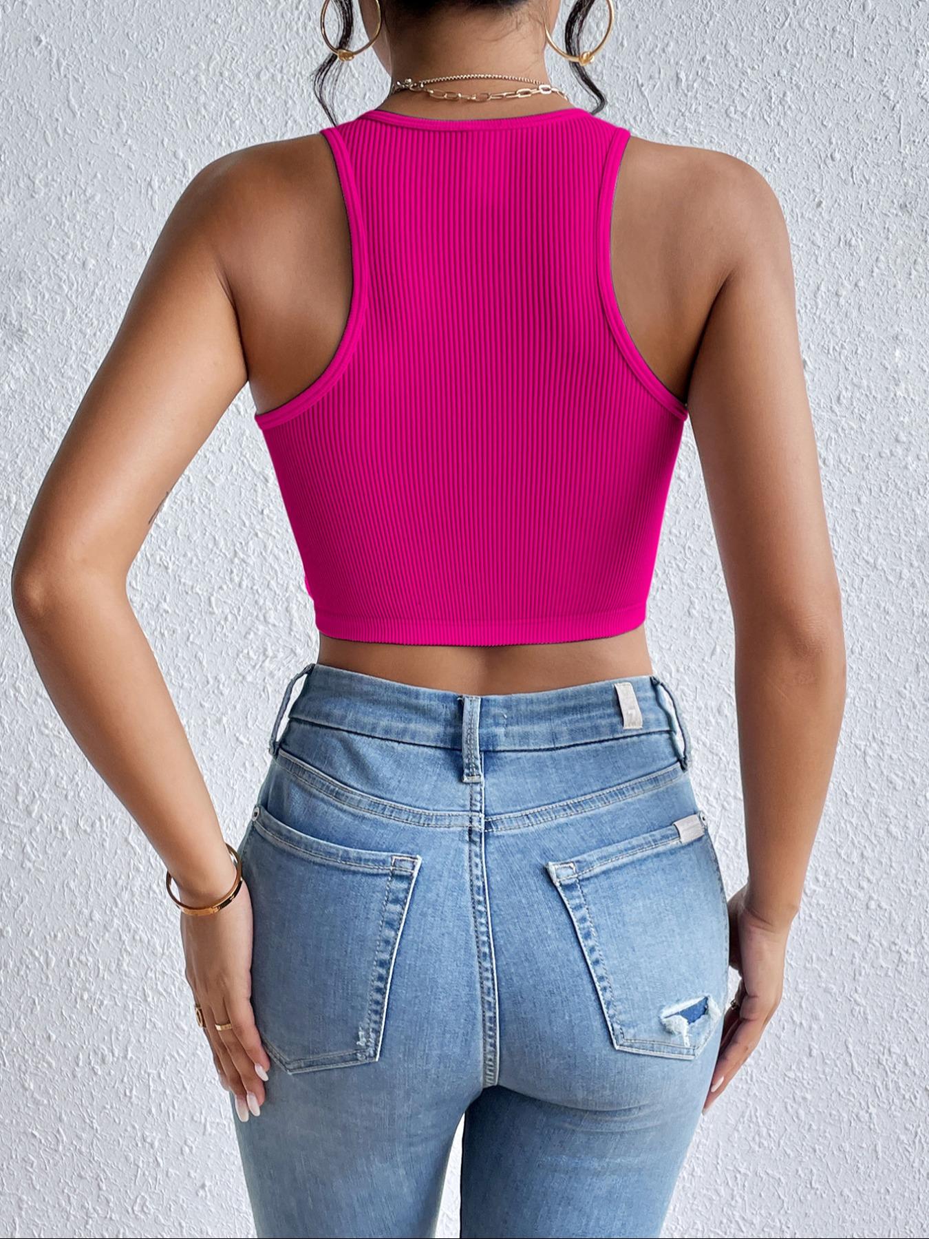 Women's Plain Round Neck Crop Tank Top without Necklace, Casual Sleeveless Ribbed Top for Summer, Women's Clothing for Daily Wear