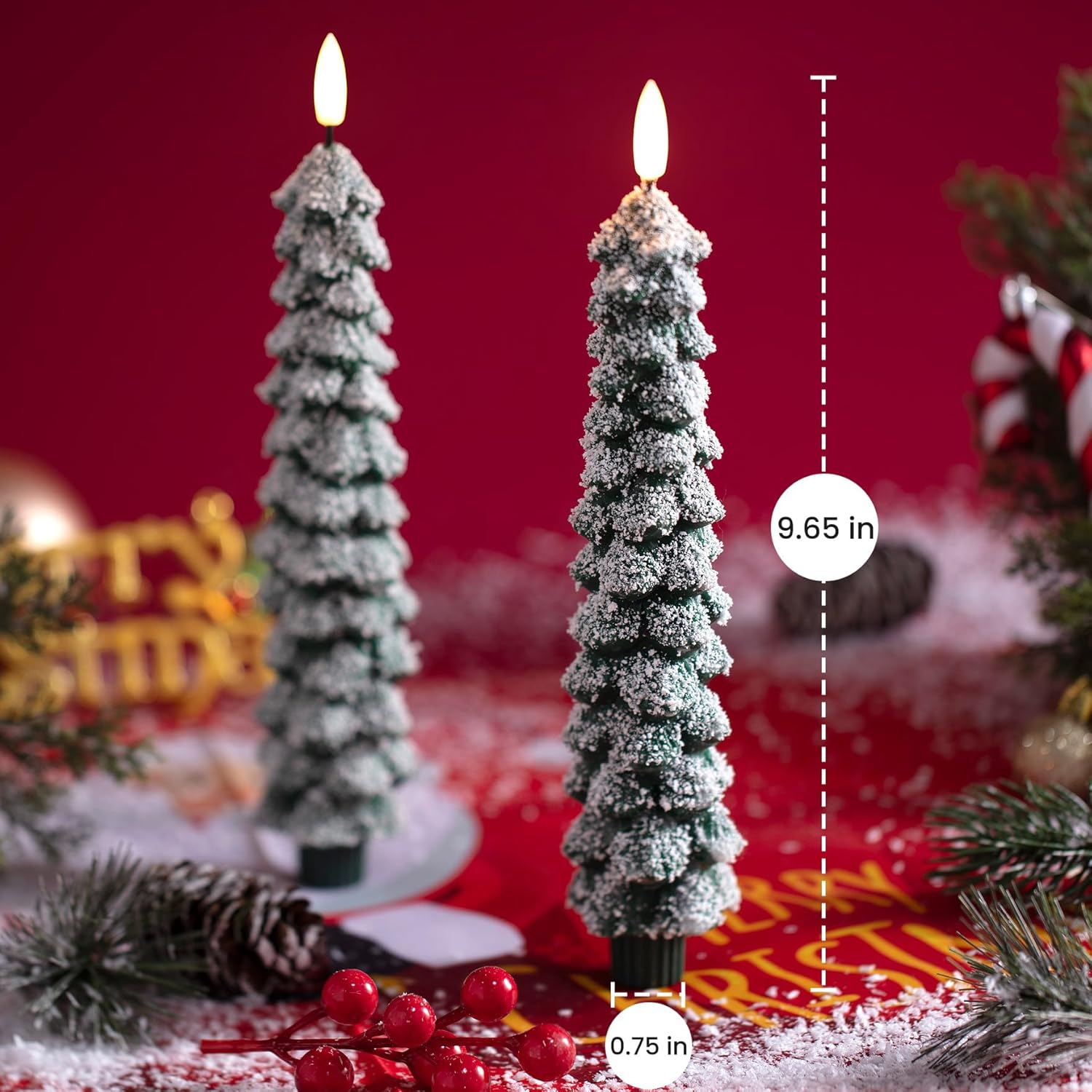 4 count Flameless Christmas Tree Candles with Remote, Snow Covered Real Wax Flameless Taper Candles 9.65 Inch, LED Candlesticks  Operated with  Flickering Flame, Christmas Candles Decor
