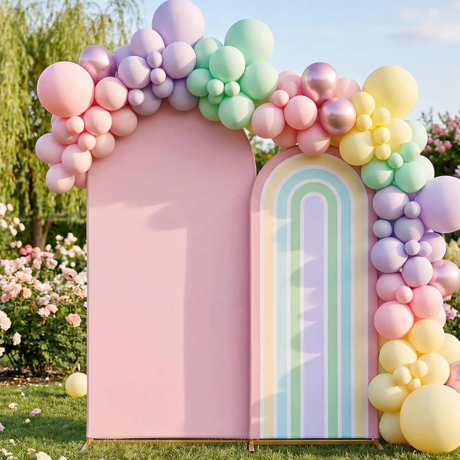 2 Pcs Arch Backdrop Cover Fabric,Macaroon Pink,7.2ft+6ft No Arch Stand, Stretchy Fabric Covers for Birthday Party Wedding, Rainbow Pastel Theme Backdrop Decor, Reusable Arch Cover