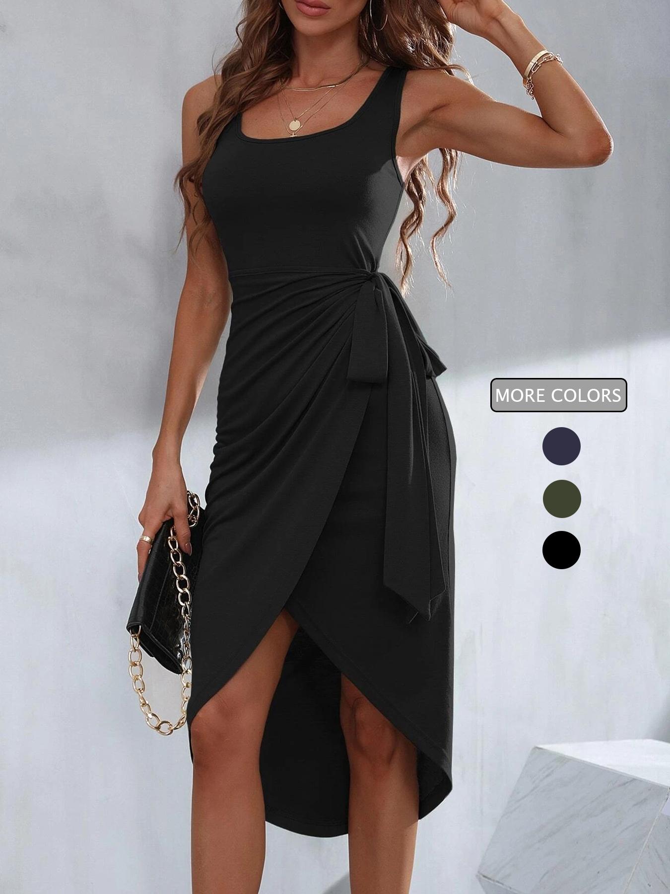 Women's Plain Knot Side Tank Dress, Elegant Wrap Sleeveless Midi Dress for Summer, Ladies Clothes for Daily Wear