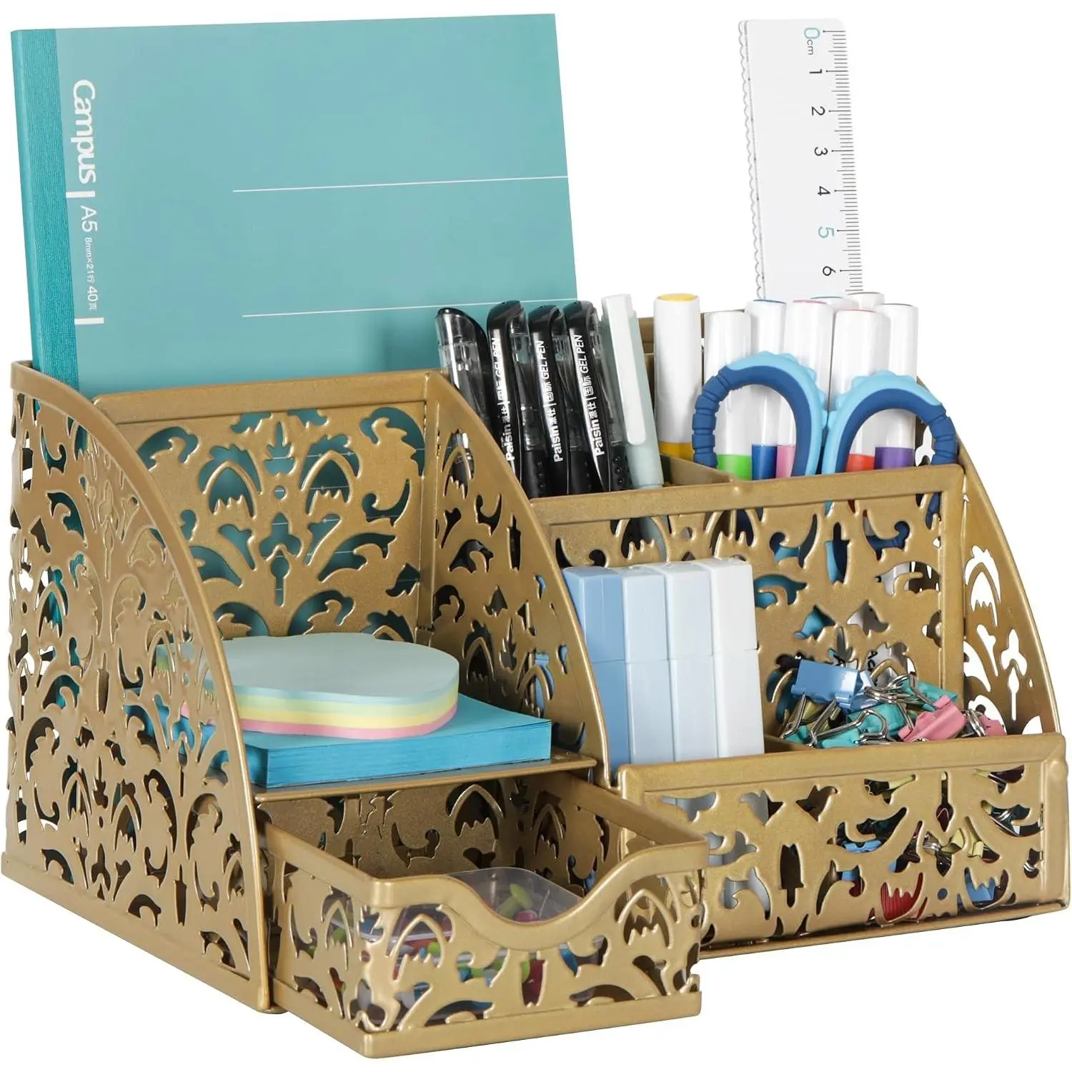 Desk Organizer and Pen Holder, Mesh Office Supplies Storage Caddy with Drawer, Desktop Organizer for Home Office, Gold
