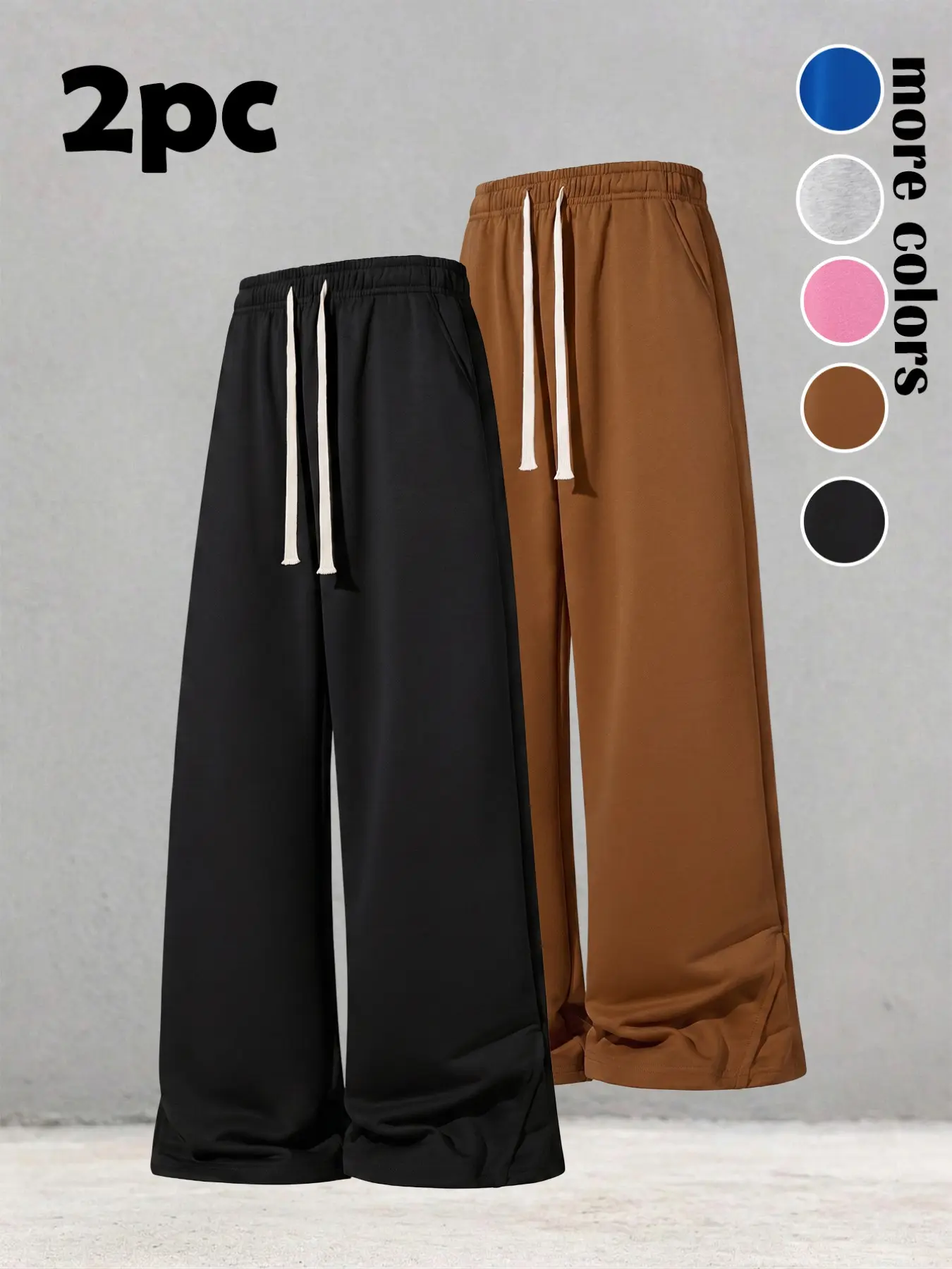Men's Two-Piece Wide-Leg Casual Pants, Urban Daily Wear, 100% Polyester, Adjustable Drawstring Waist, Split Leg Design, Comfortable Fit