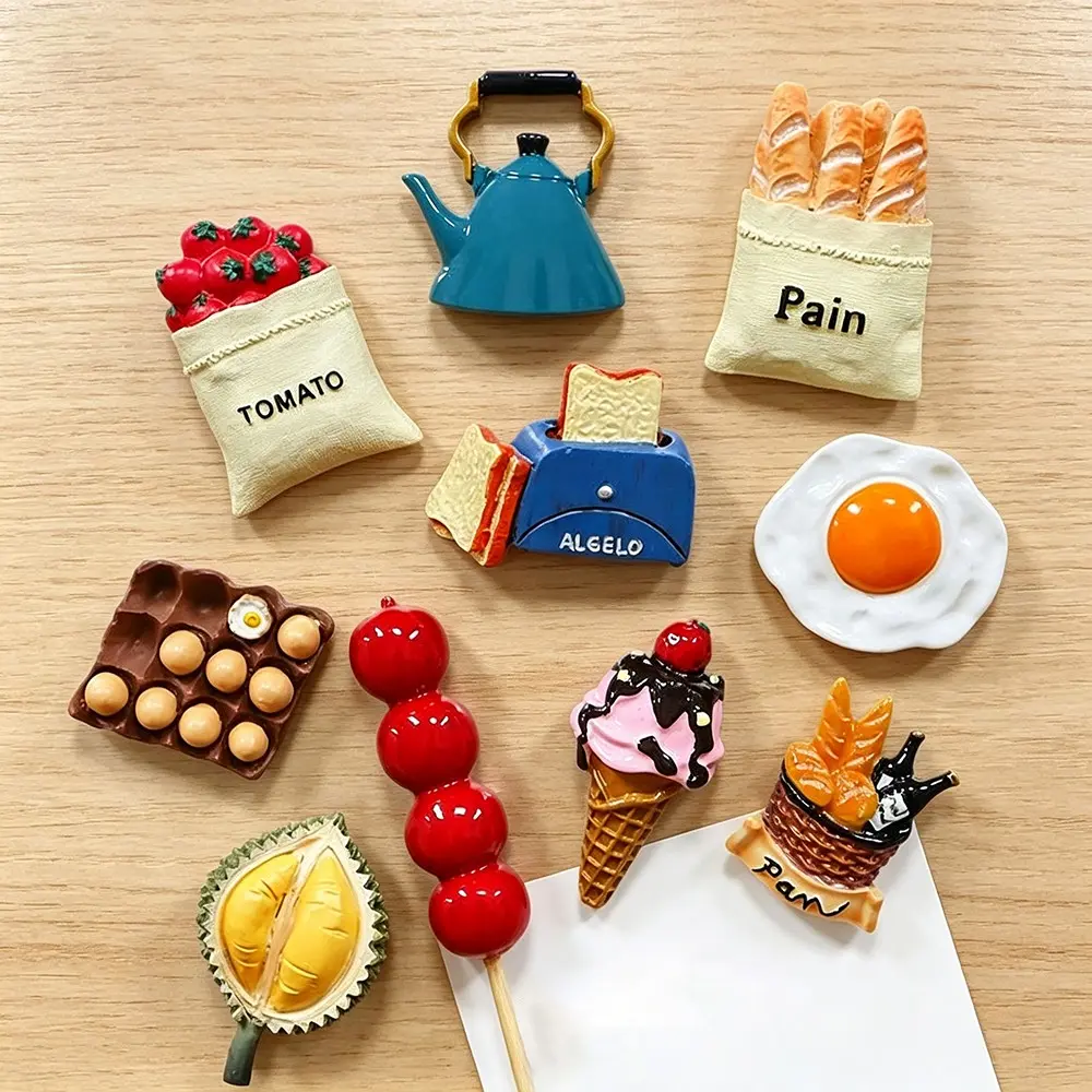 10-Piece Cute 3D Food Magnetic Refrigerator Magnets, 3D Egg Bread Ice Cream Decor, Nordic Style, Kitchen Home Office Decoration