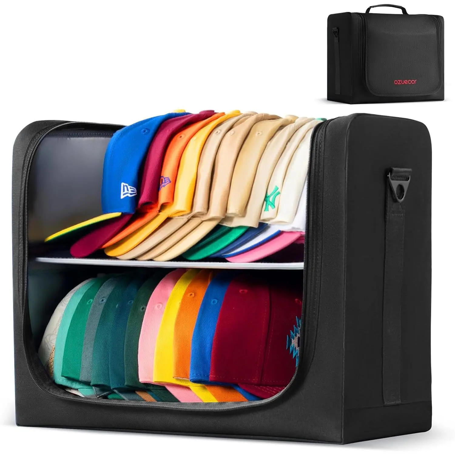 Large Hat Bag for Baseball Caps, Portable Hat Organizer Bag with Handle and Adjustable Shoulder Strap, Holds 24 Caps, For Travel, Moving, Home Storage