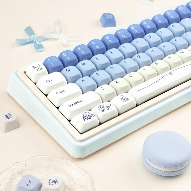 Blue White PBT Keycaps, MOA Profile, Custom Keyboard Keycap, Minimalist Style Dye Sub Keycaps, 130 Keys Anime Keycap Set for Cherry Gateron MX Switches Gaming Keyboard