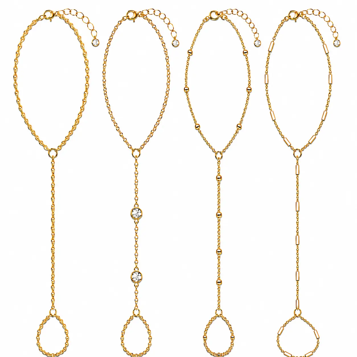 14K Gold Plated Hand Chain Bracelet Set for Women, 4 Styles Finger Bracelet with Cubic Zirconia, Adjustable Body Chain Ring Bracelet, Hypoallergenic Copper Jewelry Gift for Her