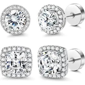 14K Flat Back Round Square Stud Earrings for Men Women Large Big Cubic Zirconia Stud Earrings Mens Earrings Flatback EarringsGift.