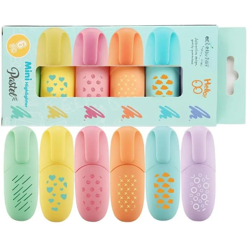 6-Count Mini Highlighter Pen Set, Stylish Modern Kawaii Look, Pastel Color Geometric Lines Design, Office Stationery for Highlighting
