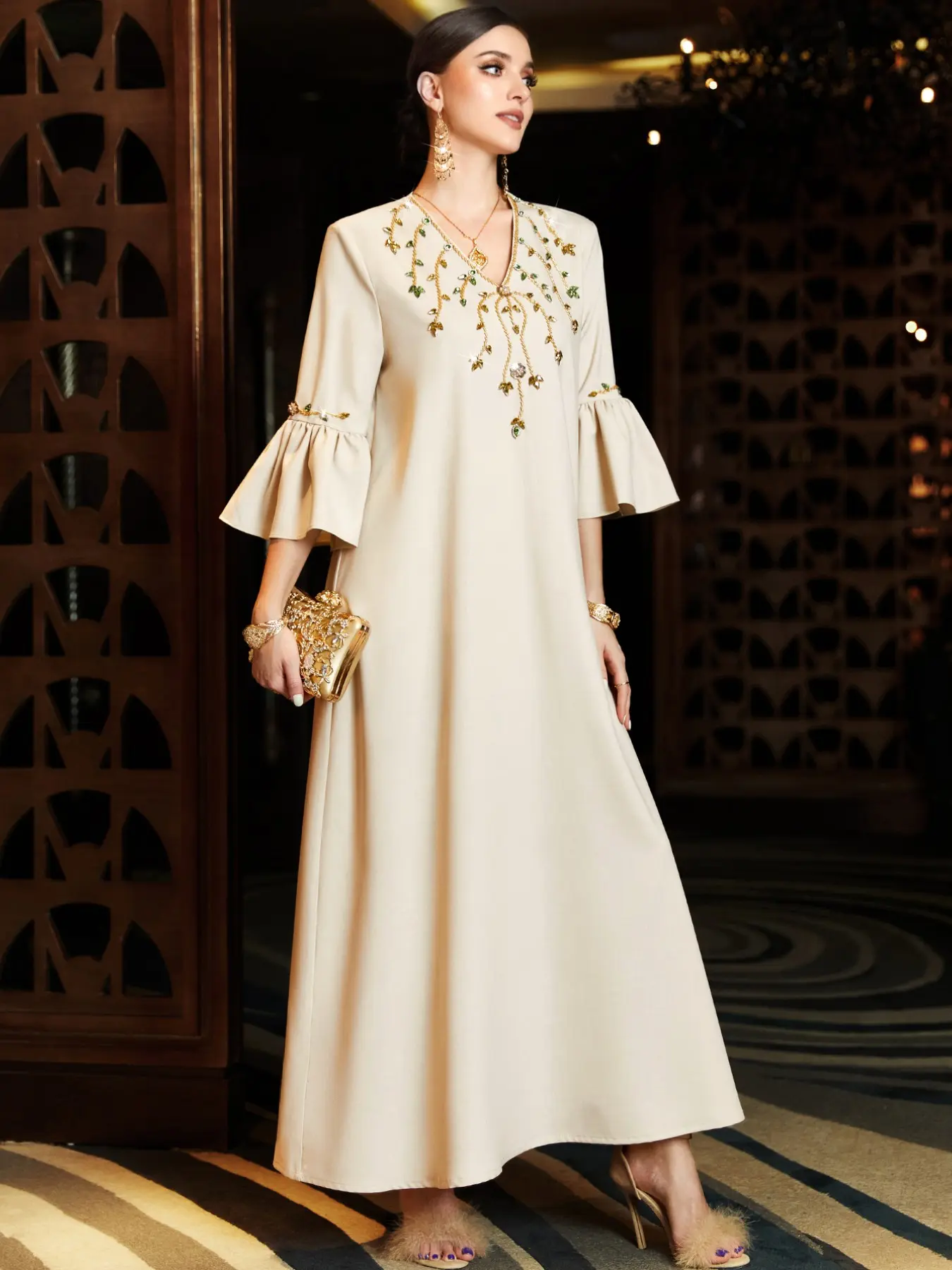New Ivory Abaya, Elegant Islamic Clothing, Muslim Dresses, Elegant Embroidery, Ruffled Sleeves, Loose Fit Long Dress, Daily Commute Fashion for Dubai