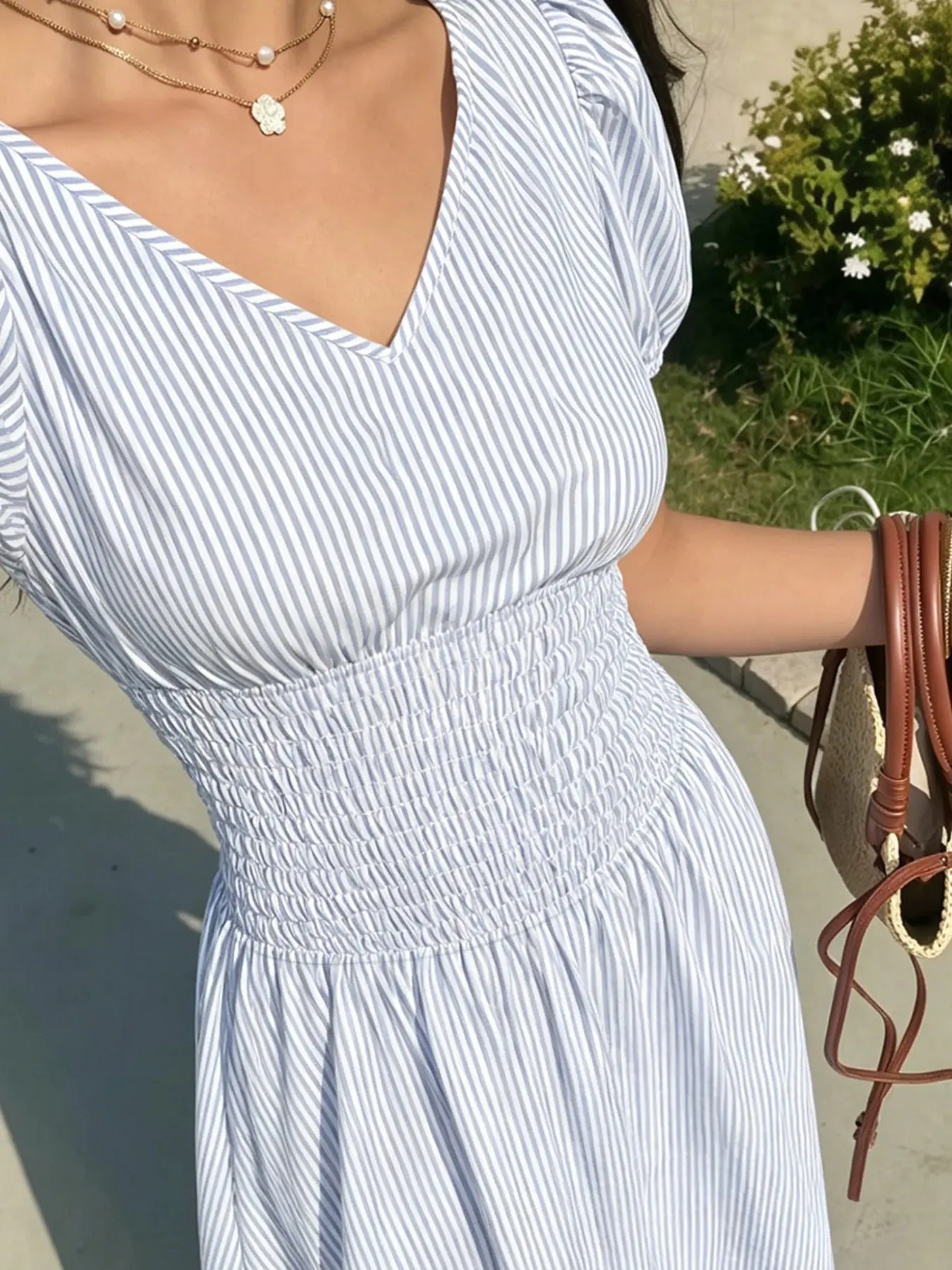 French Blue Striped Bubble Sleeve Dress, Soft V Neck Tie Waist Long Dress, Lightweight Breathable, Beach Vacation, Picnic, Date Night