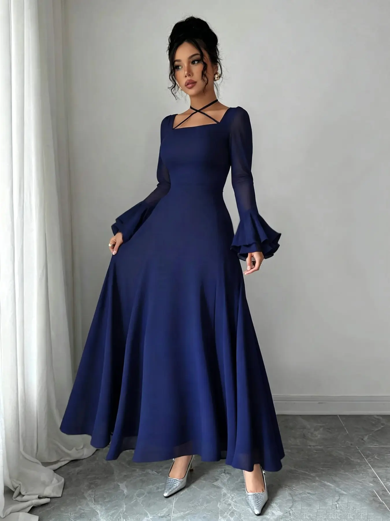 Vintage Cross Neck Conservative Long Dress, Bell Sleeve Long Sleeve Waist Cinch Tie Chiffon Full Skirt Ultra Long Dress