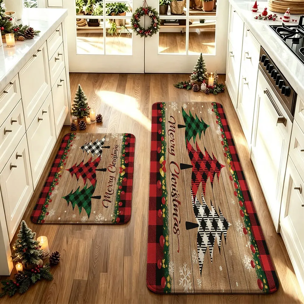 2-Piece Christmas Tree Print Kitchen Mat, Waterproof Oil-Resistant Non-Slip Decorative Rug, Thick Cushioned Foot Pad for Home Use