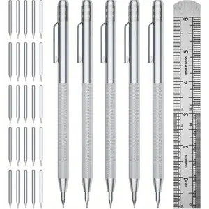 13-piece Set of 2 Tungsten Steel Marking Pens with 10 Replacement Marking Tips and 1 Steel Ruler - Knurled Aluminum Handle and Magnet, Suitable for Engraving on Glass/Ceramic/Metal Sheets