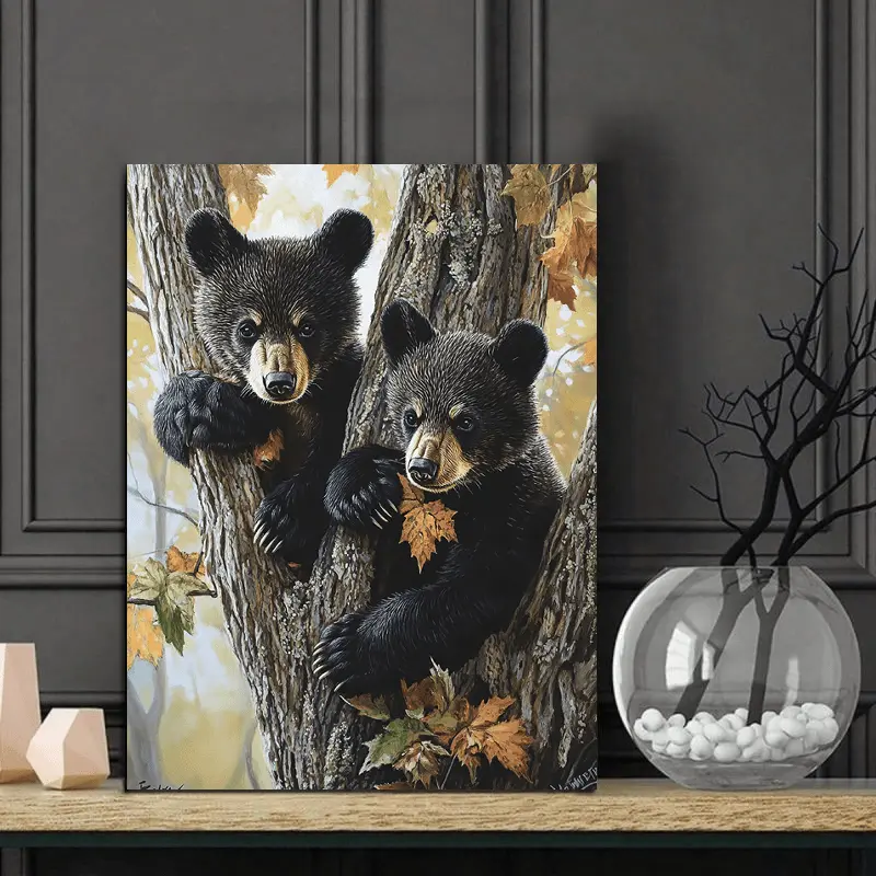Artistic 1-Piece Wooden Frame Wildlife Wall Photo - Black Bear Cub Printed Paper Print, Autumn Leaves, Trees, Natural Theme Home Room Decor for Living Rooms, Housewarming Gift