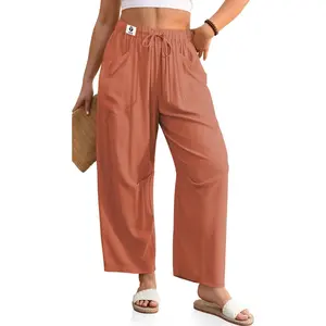 Womens Linen Baggy Harem Pants Wide Leg Lounge Drawstring Barrel Pants Casual Beach Trousers with Pockets