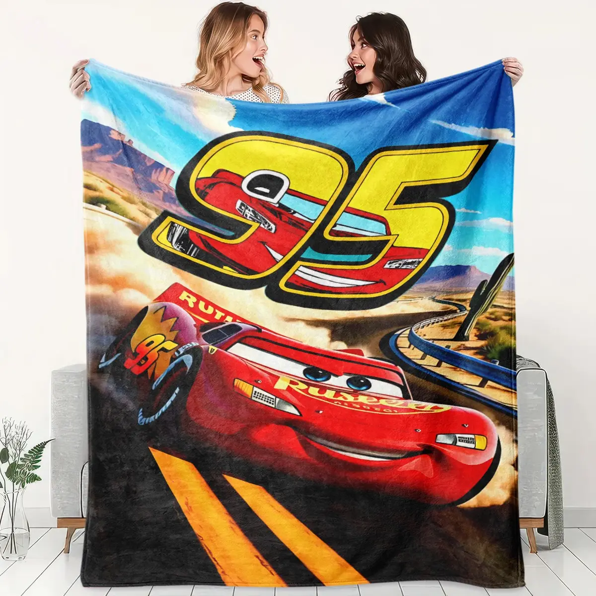 1pc Cars Lightning McQueen 95 Racing Car Fleece Blanket, Printed With Red Race Car, Number 95 And Desert Track Cartoon Pattern, Cartoon Racing Decor, Soft Warm Blanket For Sofa, Bed, Office, Shawl, Camping, Christmas Gift