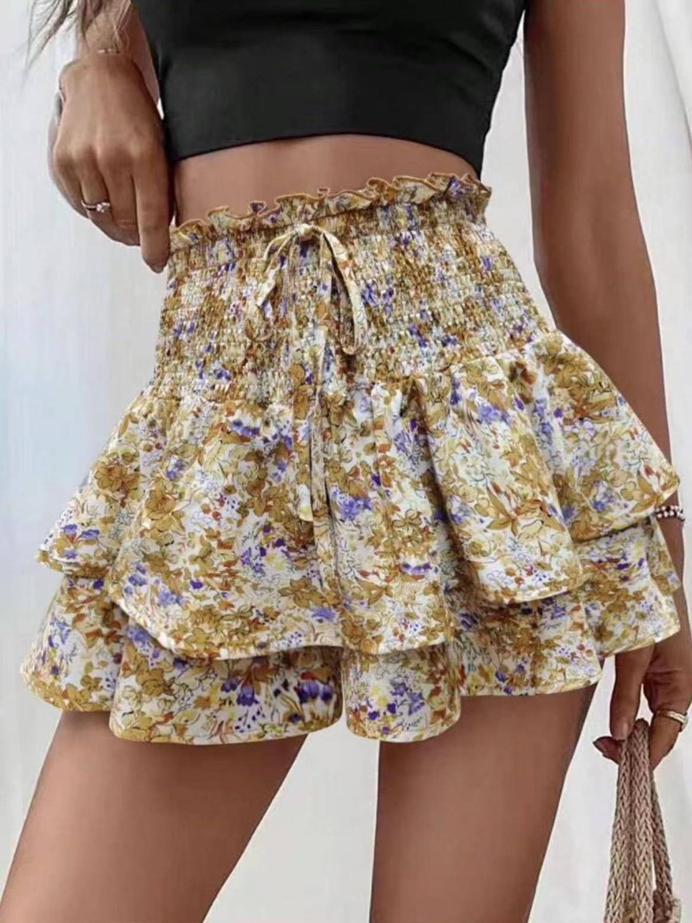 Women's Floral Print Woven Frill Trim Shirred Tiered Layer Shorts, Casual Loose High Waist Tie Front Drawstring Wide Leg Shorts for Spring & Fall, Women's Bottoms for Daily Wear