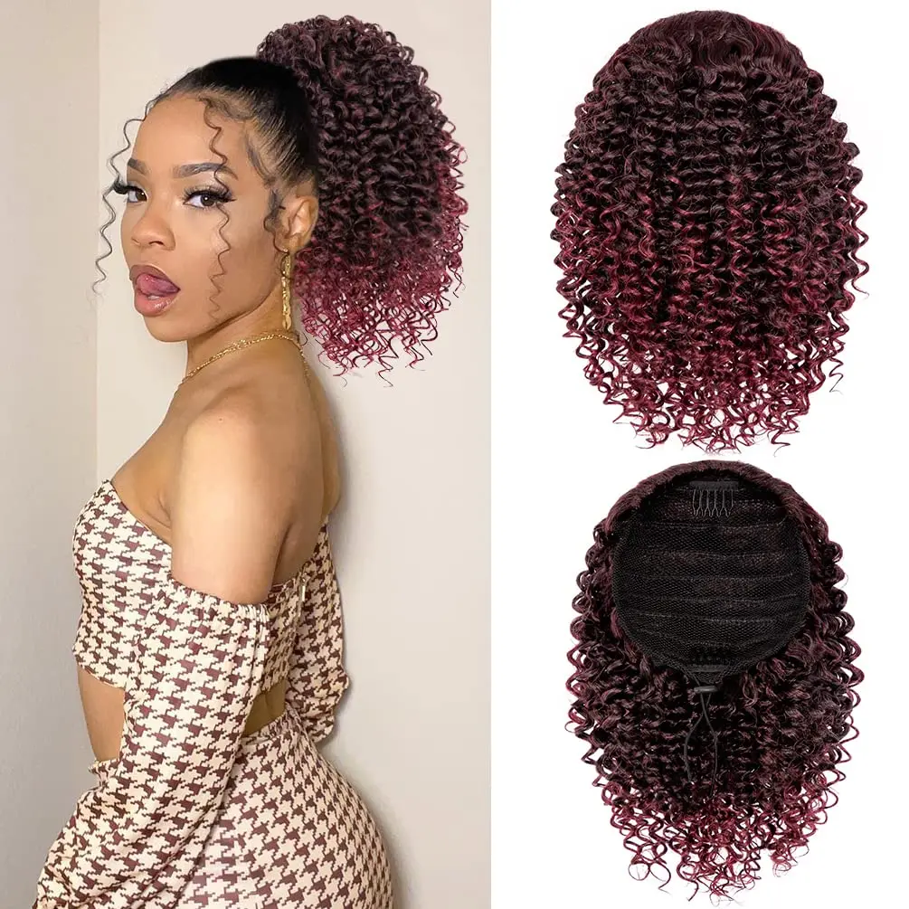 Short Kinky Curly Ponytail Extension for Black Women, 10 Inch Ombre  Black To Burgundy Drawstring Curly Ponytail with Two Clips, Synthetic Afro Drawstring Ponytail for Black Women