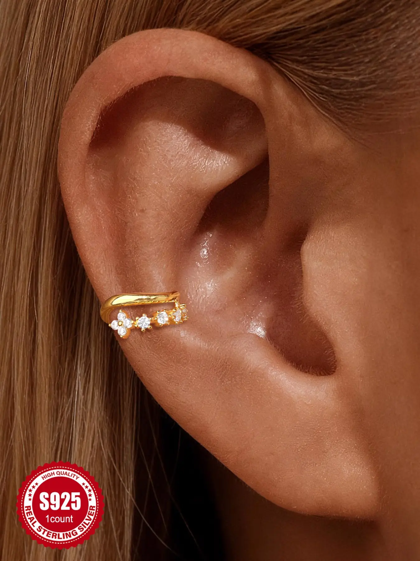 1pc 18K Gold Plated S925 Sterling Silver Single Earring Sold Individually | Sparkly Four Leaf Petal Flower Cartilage Ear Cuff Non Pierced Clip On Wrap Waterproof Hypoallergenic ,Non-Tamish Ideal Holiday Gift Choice