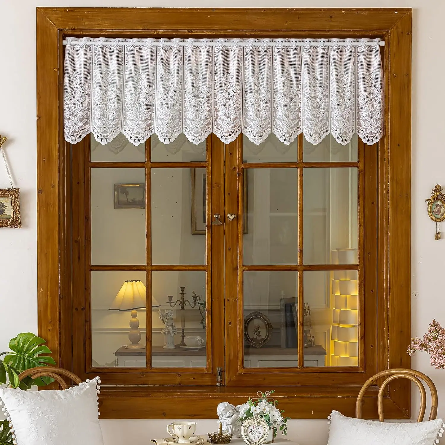 Lace Sheer Valance Kitchen Curtains 18 Inches Long 2 Panels, Semi Sheer Scalloped Floral Embroidered Over Sink Cafe Curtain, Window Short Small Drapes (White,29"x18")