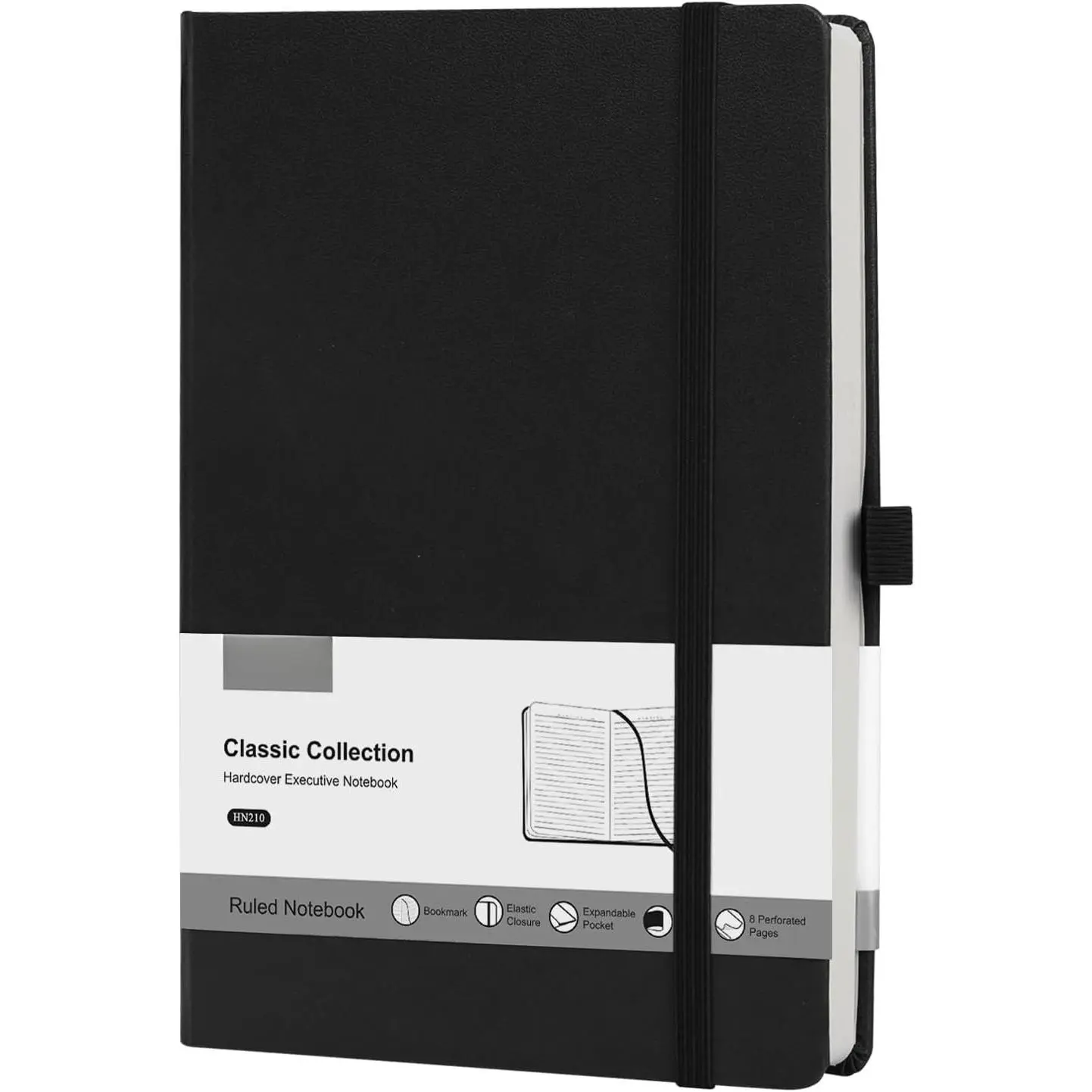 A5 Lined Notebook Hardcover, 5.5 x 8.3" Journal 80ct, 100 GSM, Black | Work Notebook, Lay Flat Binding, Inner Pocket, 8 mm College Ruled Journal, School, Daily Note Taking