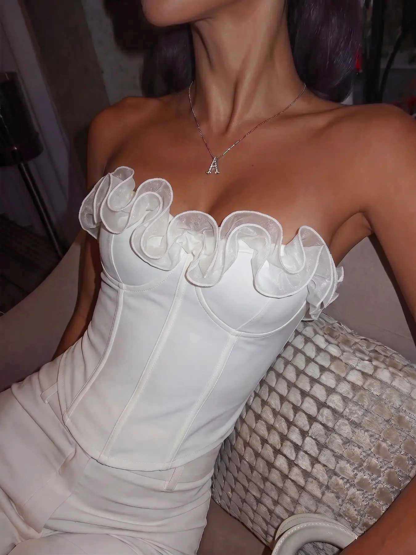 White Ruffle Trim Strapless Ruffled Corset Top Women Sweetheart Neck Structured Bustier Slim Fit Bodycon Tube Top Elegant Chic Sexy Going Out Top Party Clubwear Coquette Y2K Fashion Dressy Camisole Elegant Sleeveless Camisole Summer Fancy Top