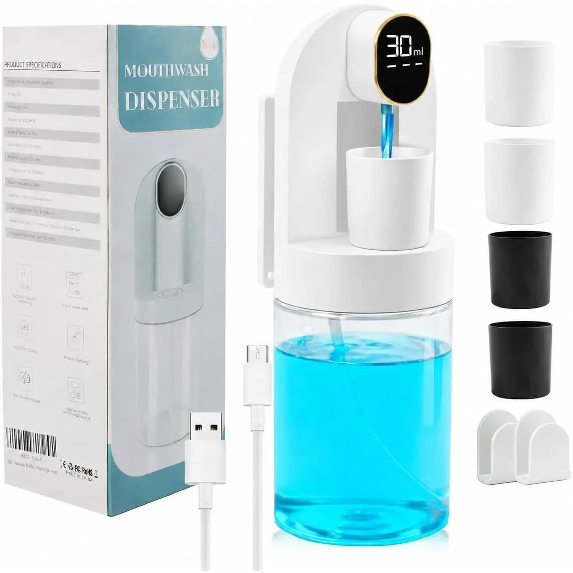 Touchless Electric Wall Mounted Mouthwash Dispenser, 20.29 oz Automatic Mouth Wash Dispenser with 4 Modes and 4 Magnetic Cups for Kids & Adults, Bathroom Accessories SetGift