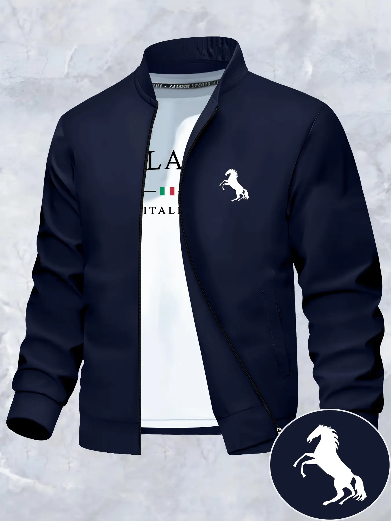 Men's Trendy Fall Winter Jacket, Horse Print, Casual Business Youth Jacket, Stand Collar Outerwear, Long Sleeve, Loose Fit, All Seasons