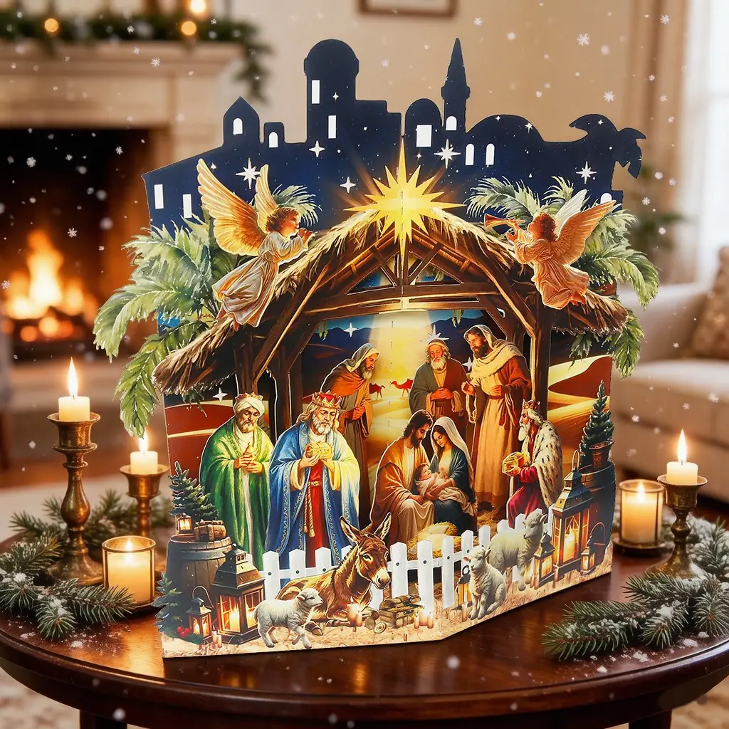 3D Pop-Up Christmas Messiah Card, Jesus Birth Manger Scene, Bethlehem City Skyline, Religious Desktop Decoration with Envelope