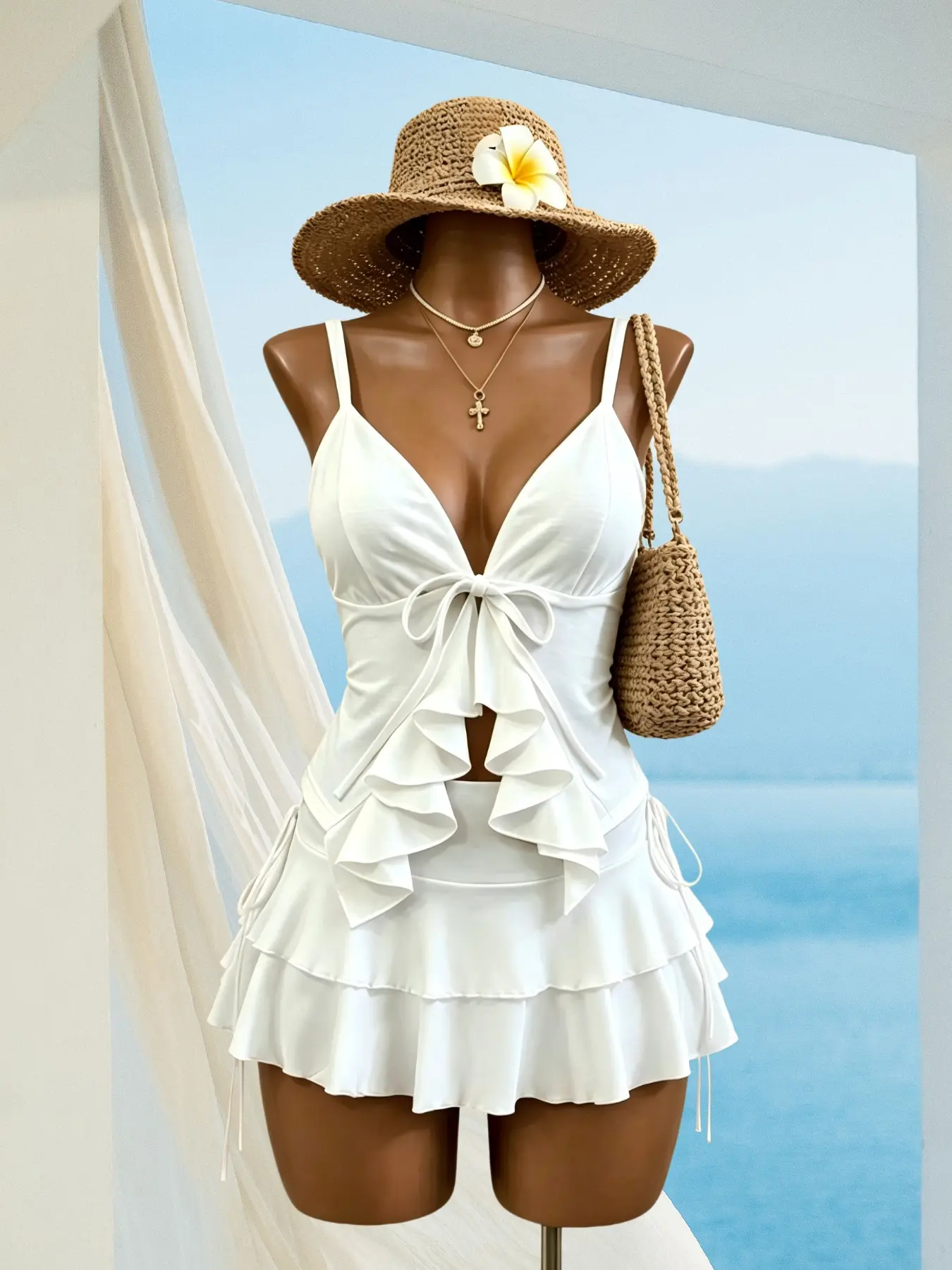 Strappy V-Neck Top with Bow Design, Layered Ruffle Hem, High Waist Cake Dress Set, Soft and Sexy, Chic, Side Tie Detail, Ruffled, Elegance
