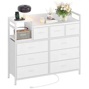 9 Drawer Fabric Dresser with Charging Station Tall Dresser TV Stand for Bedroom Living Room Closet Dorm Sturdy Metal Frame Modern Storage Tower Organizer Chest of Drawers with Outlets USB Ports Wooden Top Media Center 39"
