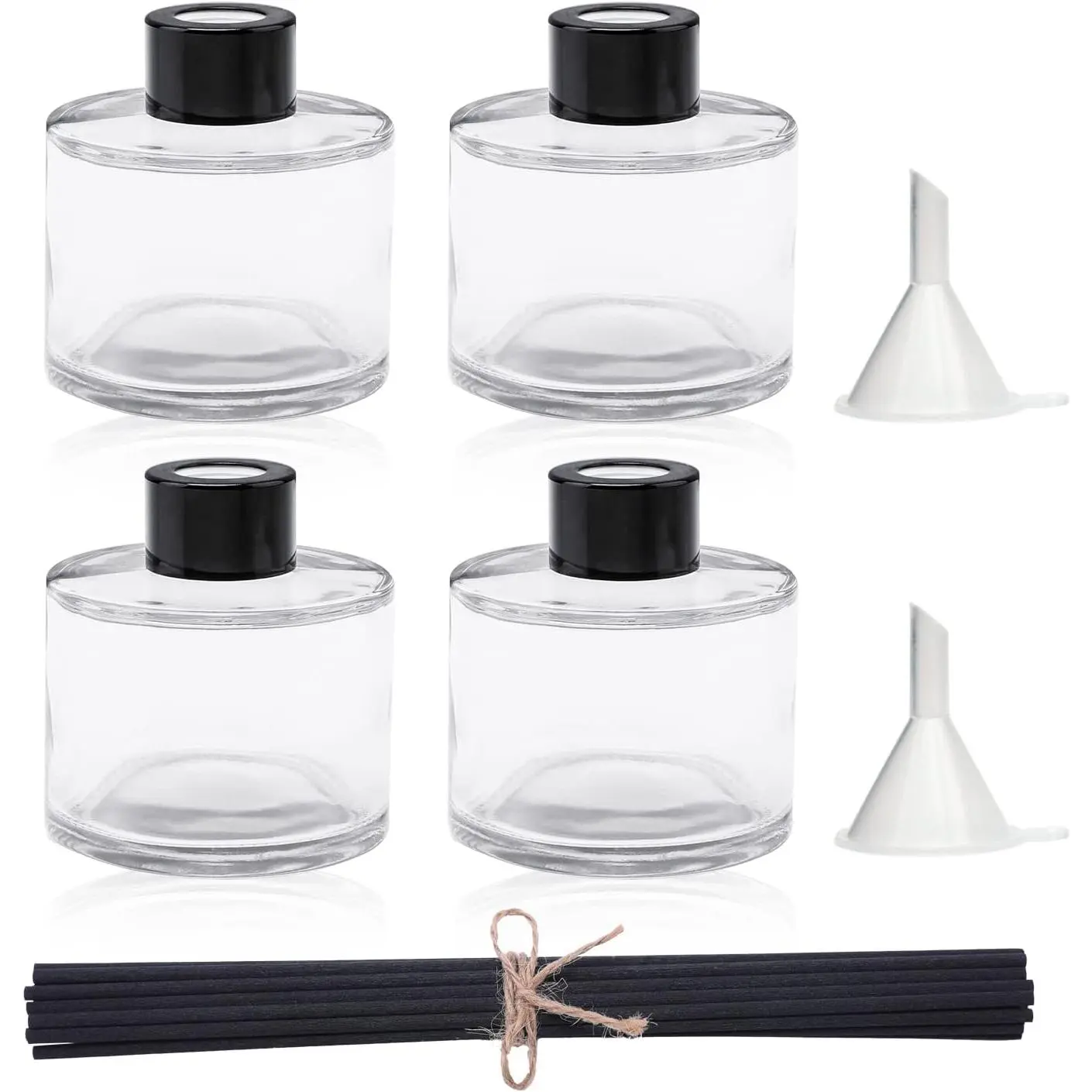 4PCS Fragrance Glass Diffuser Bottles, Refillable Diffuser Bottles with 20pcs Reeds Sticks & Black Caps & Funnel, Diffuser Jars for Home Oil Fragrance Decoration Girl Women Gift (100ML)