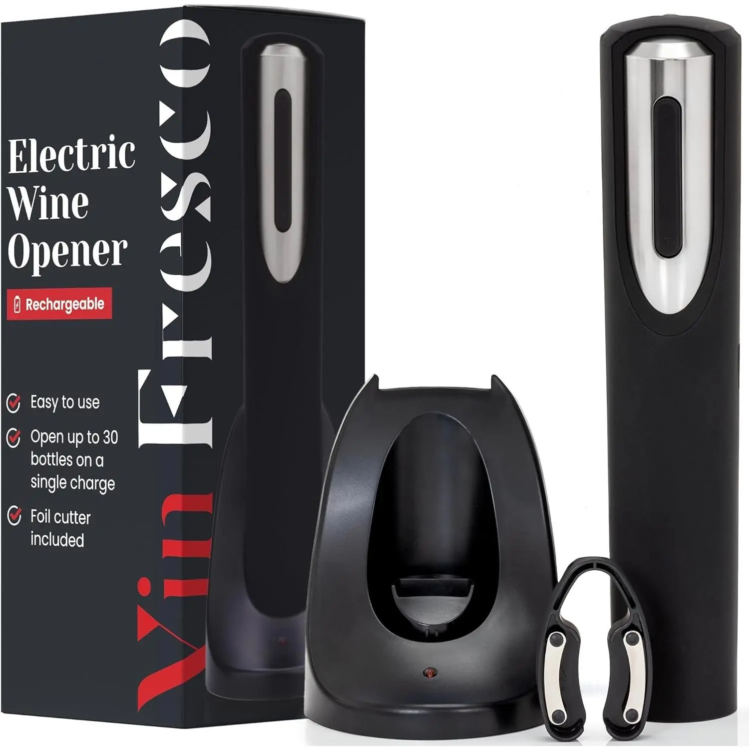 Rechargeable Electric Wine Bottle Opener with Charging Base and Foil Cutter, Automatic Electric Corkscrew for Easy Cork Removal, Best Gift for Wine Lovers Black & Silver
