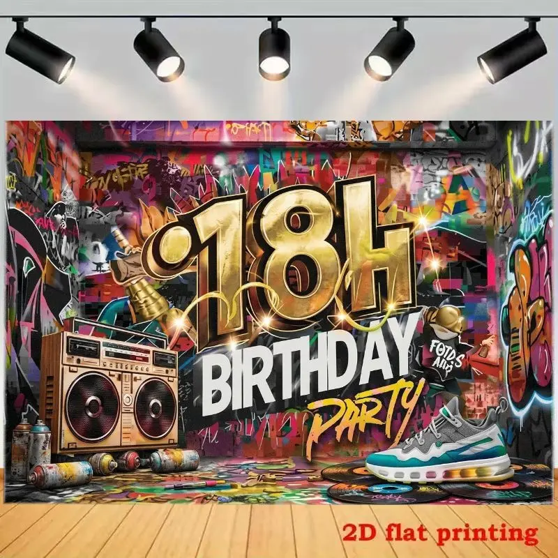 2D Flat 1PC Graffiti Hip-Hop 18th Birthday Party Backdrop, Street Trendy Retro Radio Photography Background. Suitable for adults' 18th celebrations, cool-themed gatherings, indoor and outdoor decorations. Made of polyester fiber.
