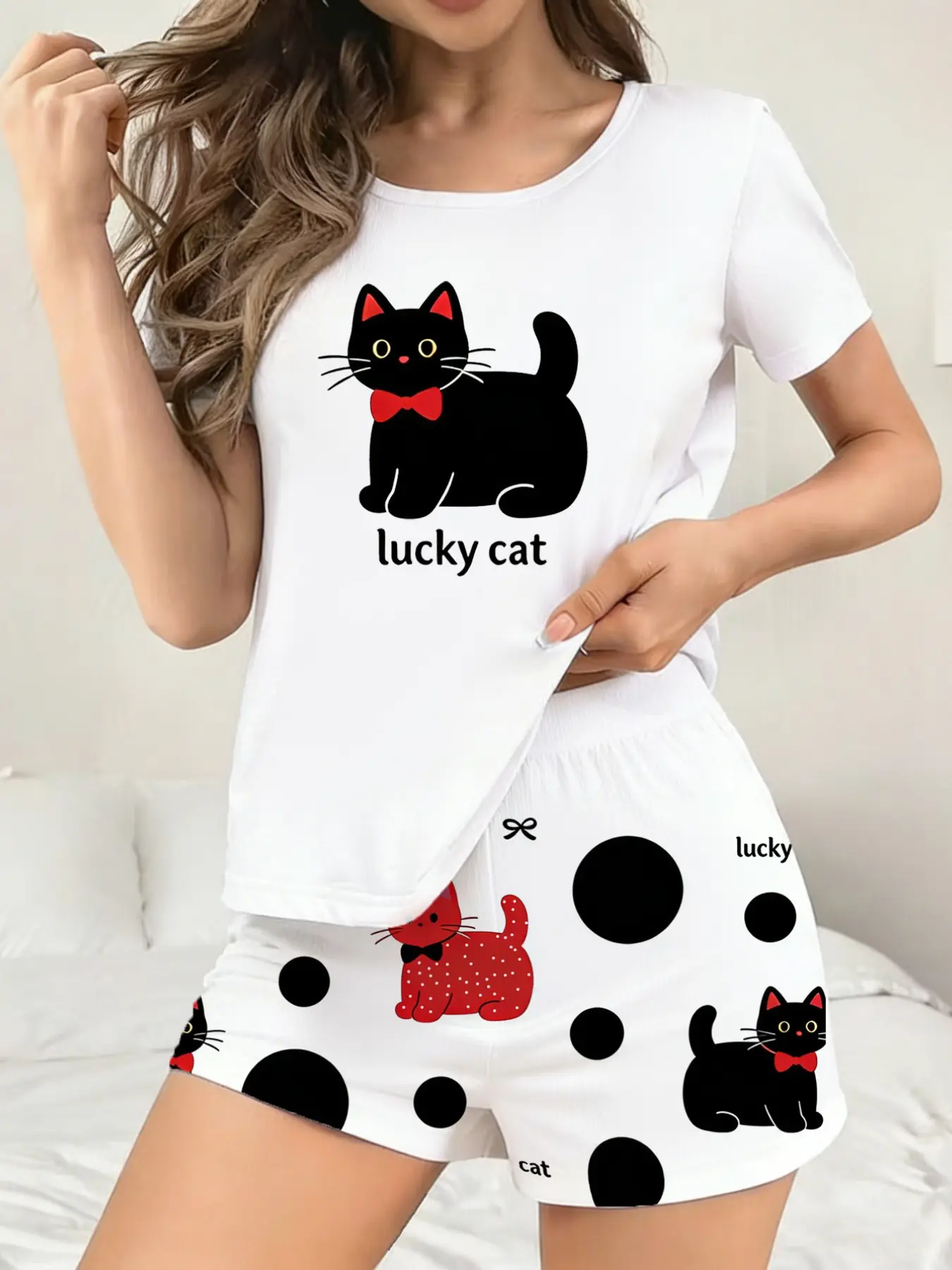 Women's Summer Short Sleeve Shorts Cat Digital Print Pajama Set, Comfortable Skin-Friendly, Cute Style