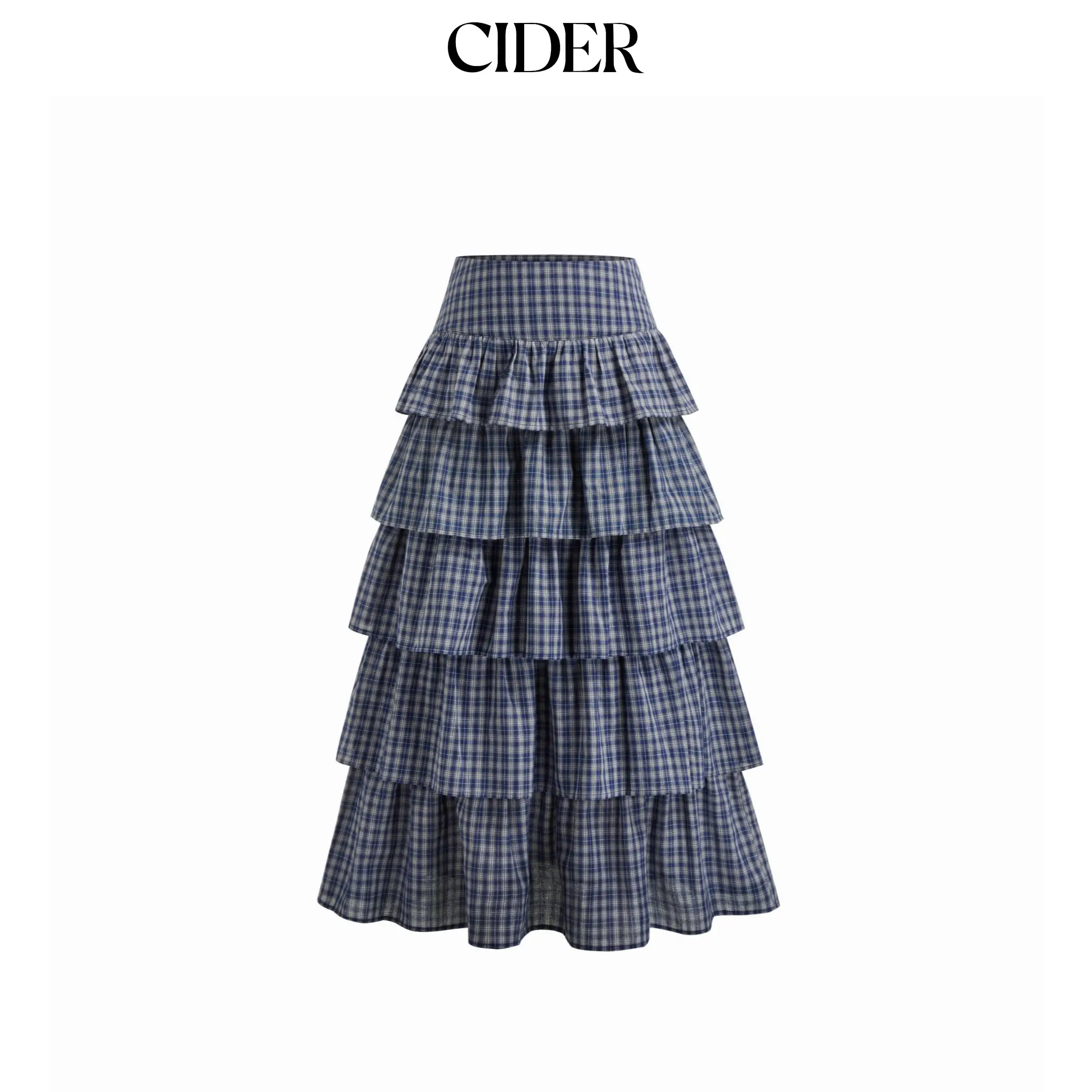 Cider Cotton-blend Mid Rise Tartan Layered Ruffle Hem Maxi Skirt