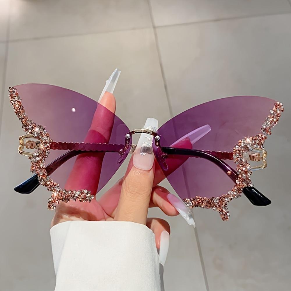 1 Count Rhinestone Decorated Butterfly Design Sunglasses, Durable Material Fashionable Rimless Sunglasses for Women, Elegant All-match Fashion Accessories for Daily Wear, Stylish Glasses, Trendy Styling Sunglasses